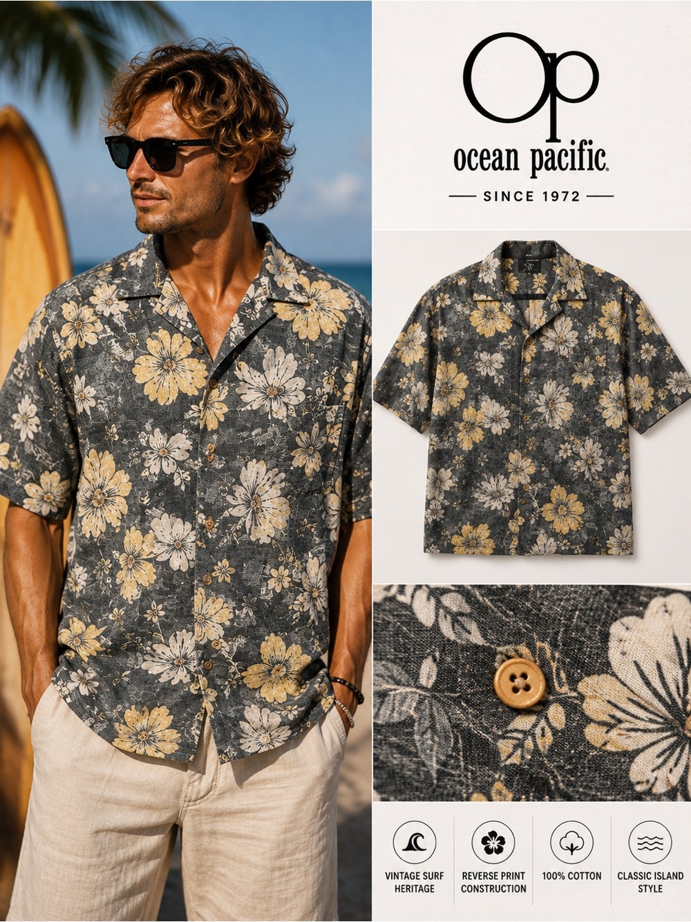 Vintage Ocean Pacific OP XXL Reverse Print Hawaiian Shirt Gray Hibiscus B9